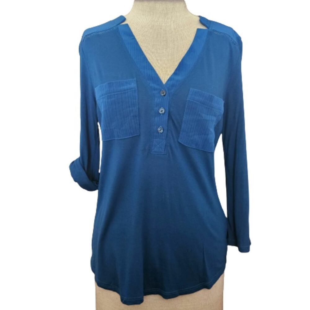 Blue Roll Tab Cuff Sleeve Top Size XS